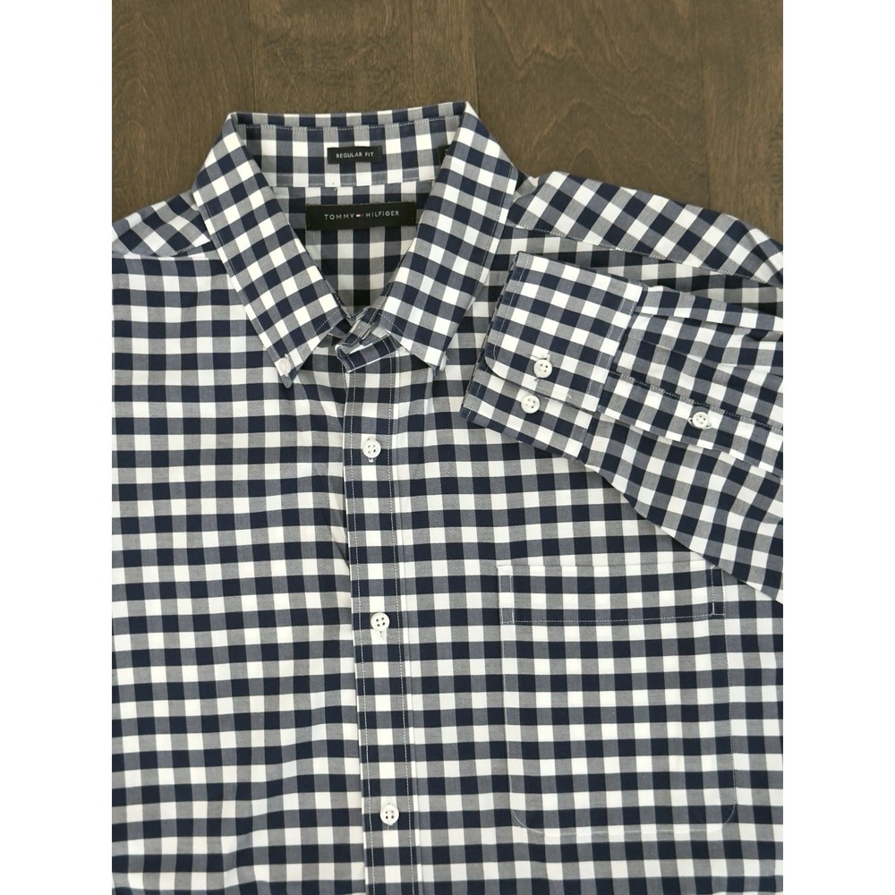 Tommy Hilfiger Men Button Down Regular Fit Shirt Size XL 17 34/35 Blue Check L/S